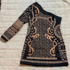 Black Gold Pearl Embellished One Shoulder Mini Dress | Statement